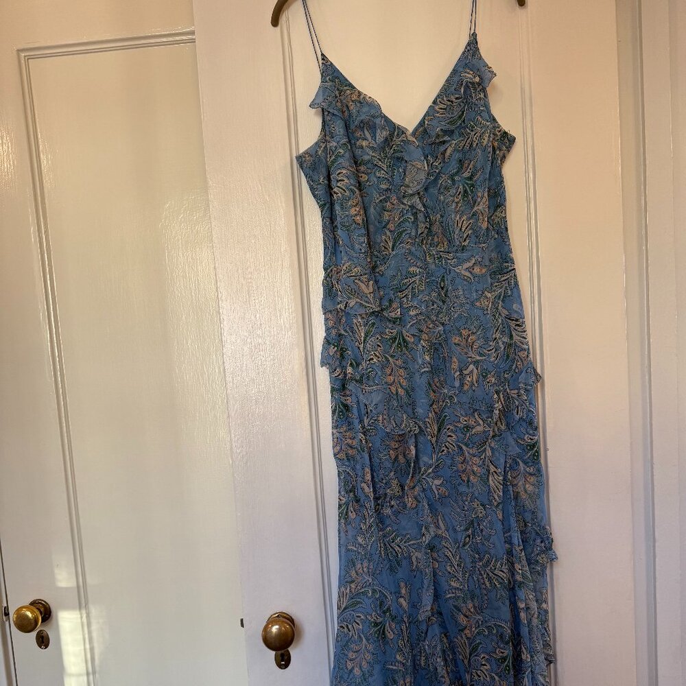 Veronica Beard Blue Paisley Silk Ruffle Midi Dress – Size 14